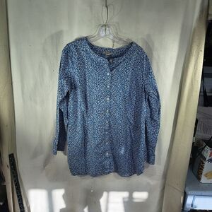 Duluth Trading Co Women's Size Large Blue Floral Button Up Long Sleeve Blouse